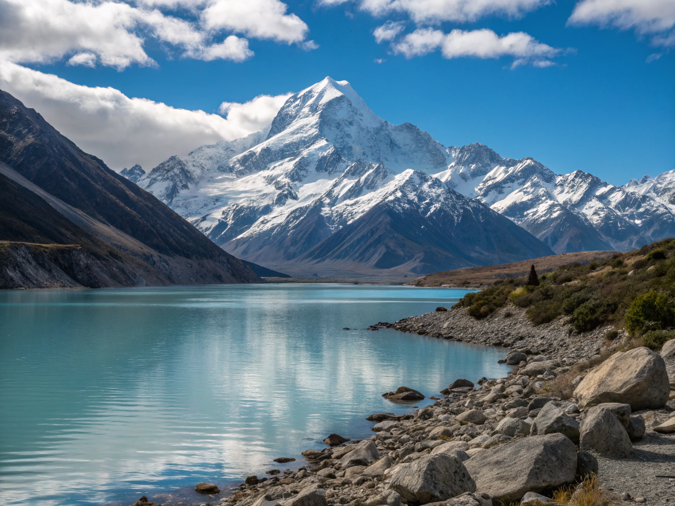 Glaciated pyramid peaks of Mount Cook under alpine wind
