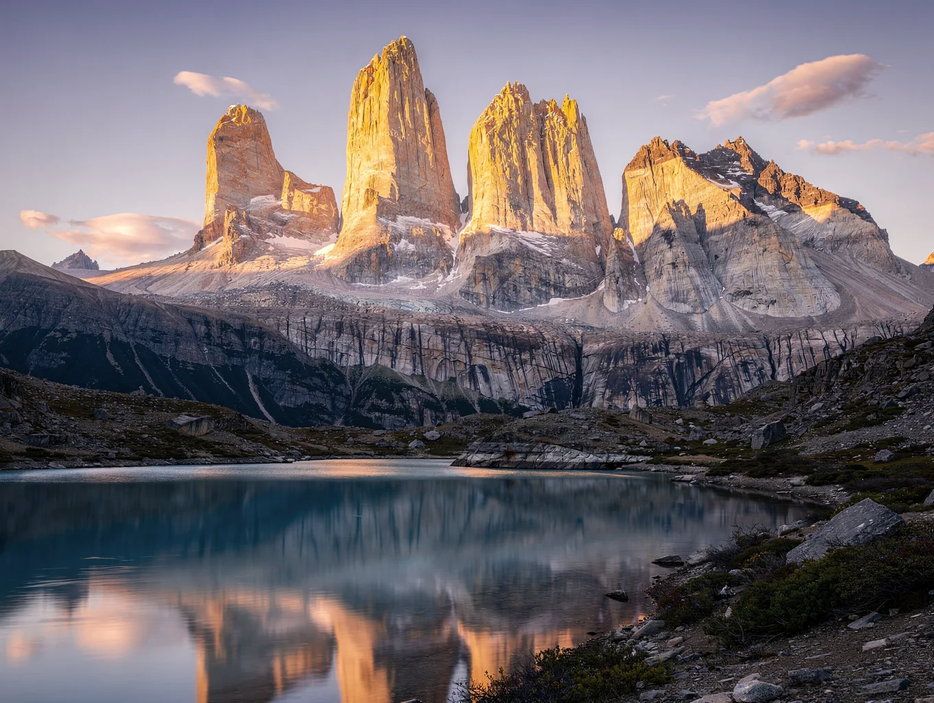 Granite horn massifs illuminated by alpine sunset in Chile