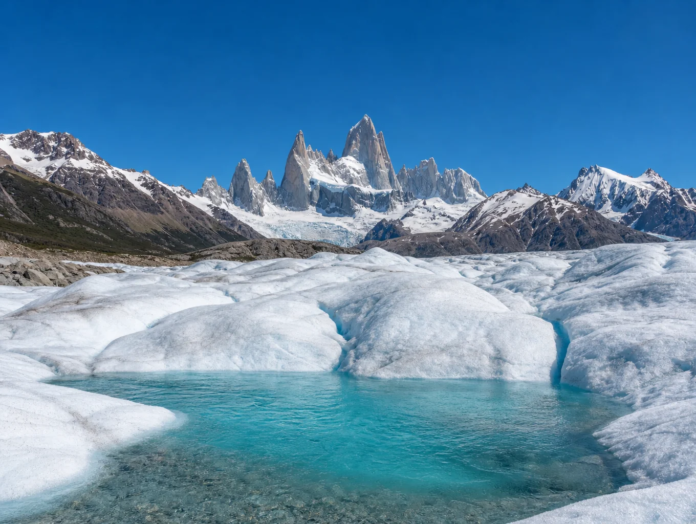Turquoise glacial meltwater reflecting Mount Fitz Roy