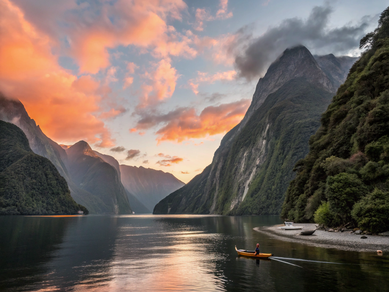 Mitre Peak rising through low cloud inversion in Fiordland