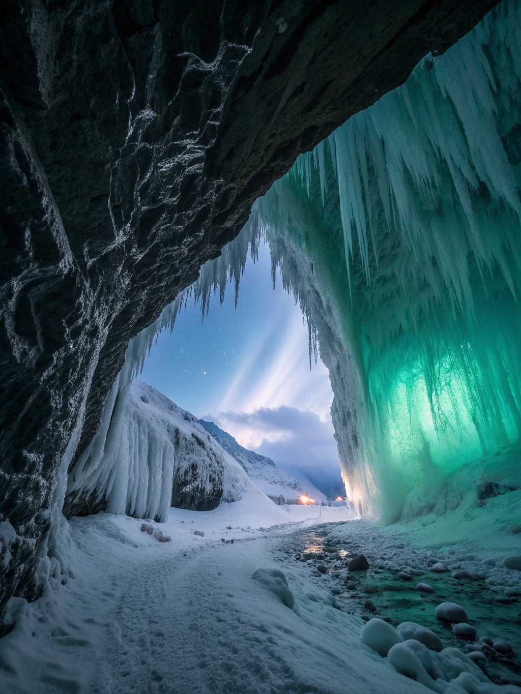Deep blue ice textures inside a natural glacial cave