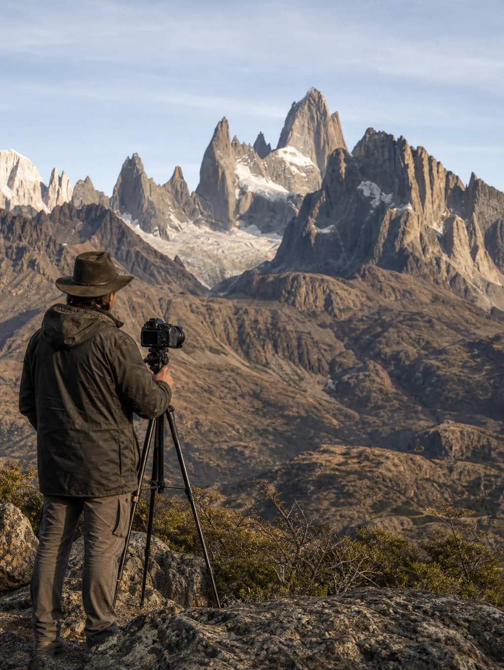 Landscape photographer setting up tripod in the Patagonian wilderness