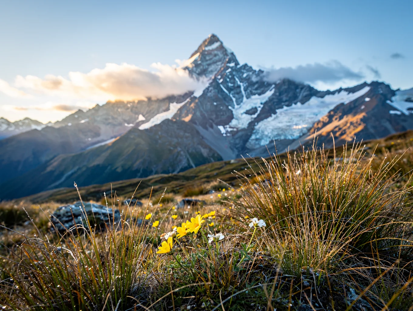 Morning light hitting the snow-covered peaks of Mount Cook