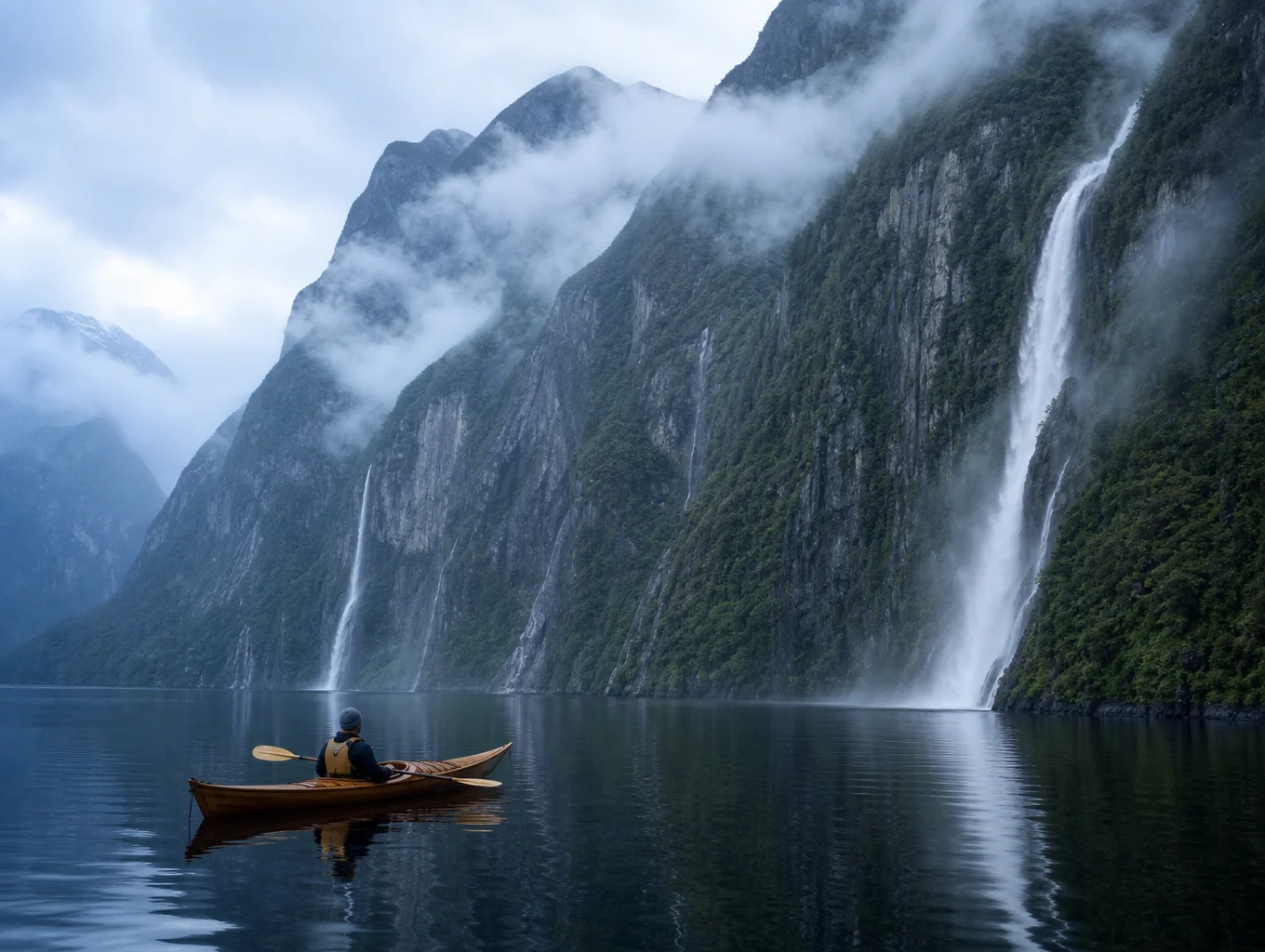Misty morning over the calm waters of Milford Sound