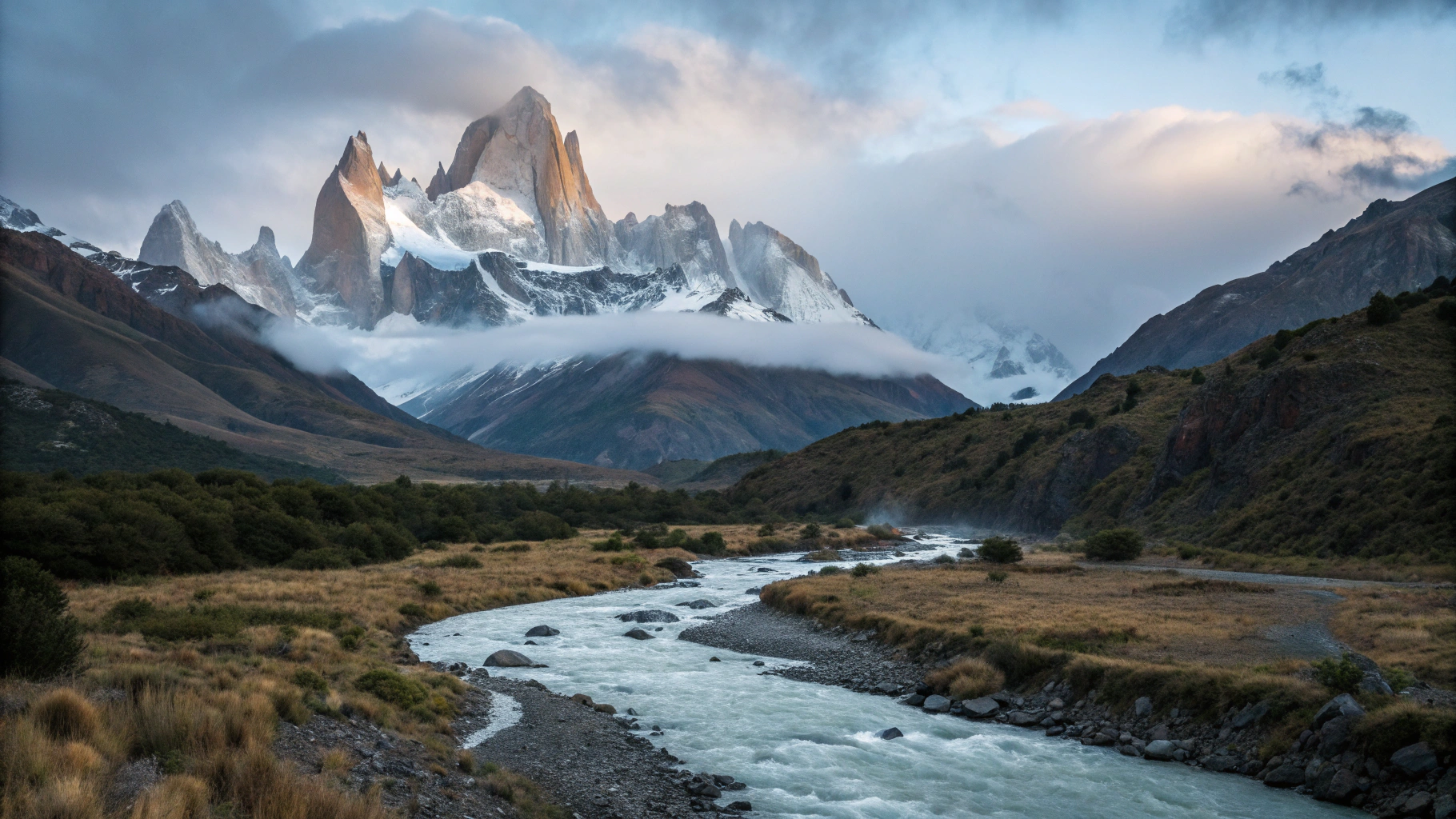 Dramatic mountain peaks of Patagonia at dawn