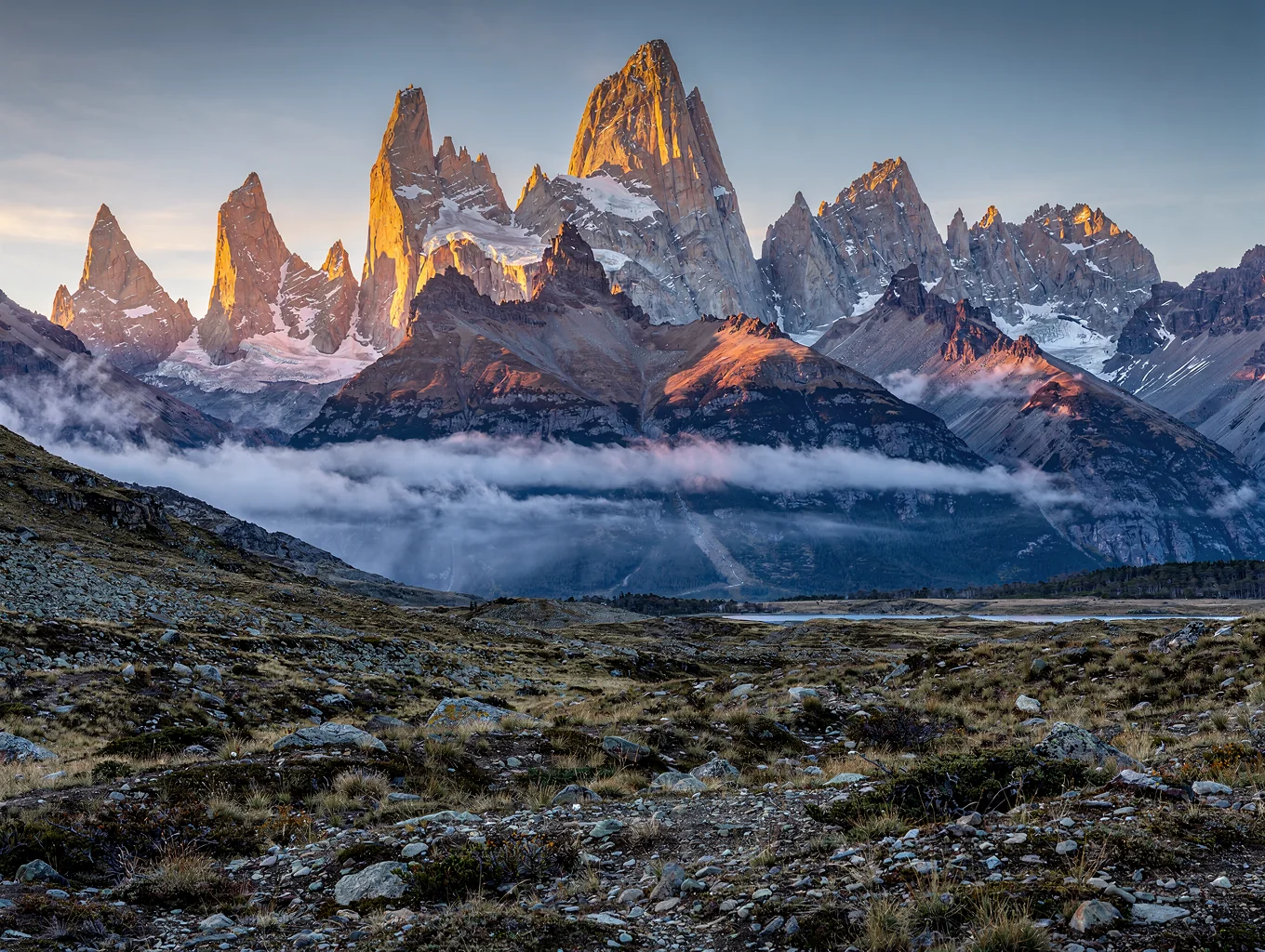 Alpenglow on the sharp granite peaks of Mount Fitz Roy