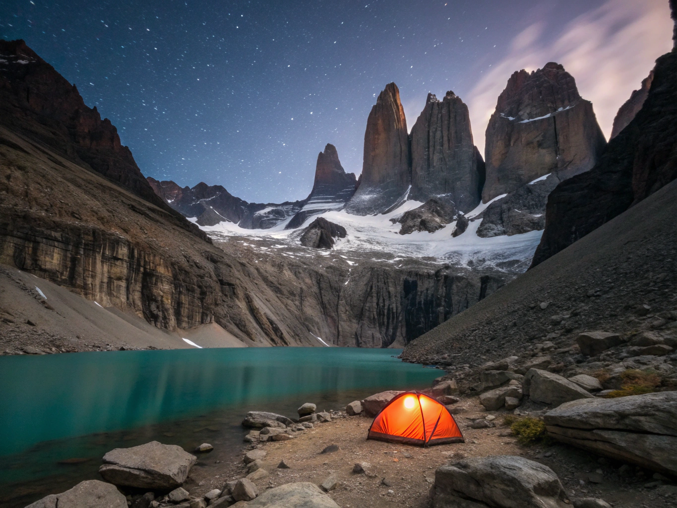 Starry night sky over the granite towers of Torres del Paine